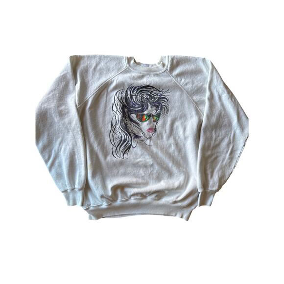 Vintage R. Peck Neon Woman Artwork USA Made Hanes XL White Raglan Crewneck - Picture 1 of 8